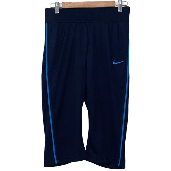 NEW Nike Dri Fit Wide Leg Capri Leggings - Navy w/ Teal Stripe - Size Small - Picture 1 of 5